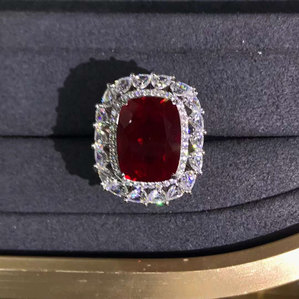 HUGE 10 Carat VVS Cushion cut Red Lab Ruby Double Halo Ring