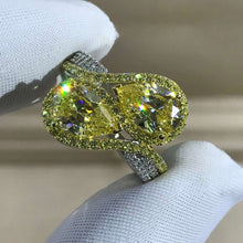 Load image into Gallery viewer, 3 Carat Pear Cut Moissanite Ring Vivid Yellow VVS Two Stone Halo Bead-set Two-tone