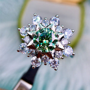 1 Carat Green Round Cut Double Star Halo Plain Shank Certified VVS Moissanite Ring