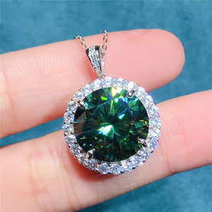 10 Carat Dark Green Round Cut 4 Prong Halo Solitaire Certified VVS Moissanite Necklace