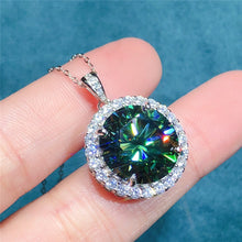 Load image into Gallery viewer, 10 Carat Dark Green Round Cut 4 Prong Halo Solitaire Certified VVS Moissanite Necklace