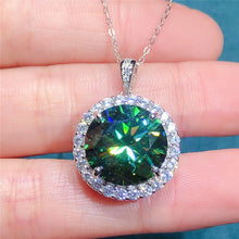 Load image into Gallery viewer, 10 Carat Dark Green Round Cut 4 Prong Halo Solitaire Certified VVS Moissanite Necklace