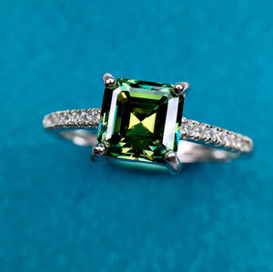 1 Carat Green Asscher Cut 4 Prong Square French Pave Certified VVS Moissanite Ring