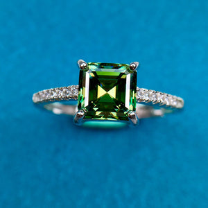 1 Carat Green Asscher Cut 4 Prong Square French Pave Certified VVS Moissanite Ring