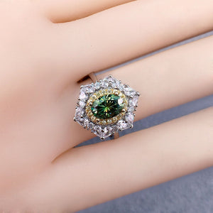 1 Carat Green Oval Cut Floral Double Halo Straight Shank Certified VVS Moissanite Ring