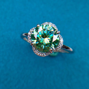 2 Carat Green Round Cut Clover Floating Halo Certified VVS Moissanite Ring
