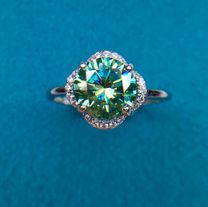 2 Carat Green Round Cut Clover Floating Halo Certified VVS Moissanite Ring