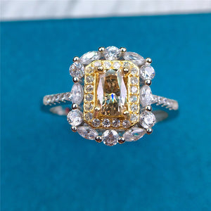 1 Carat Radiant Cut Moissanite Ring Two-tone Double Halo Certified VVS Yellow