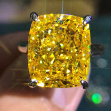 Load image into Gallery viewer, 12 Carat Cushion Moissanite Ring Vivid Yellow VVS 4 Claw Cathedral Basket Solitaire