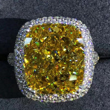 Load image into Gallery viewer, 8 Carat Cushion Cut Moissanite Ring Vivid Yellow VVS Double Edge Halo Cathedral Pave