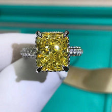 Load image into Gallery viewer, 5 Carat Radiant Moissanite Ring Vivid Yellow VVS Hidden Halo Bead-set Pave