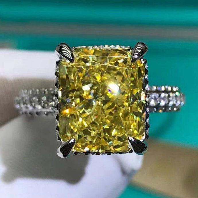 5 Carat Radiant Moissanite Ring Vivid Yellow VVS Hidden Halo Bead-set Pave