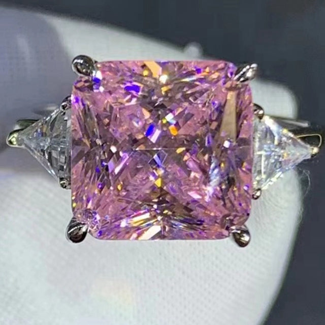 6 Carat Pink Square Radiant Cut 4 Claw Three Stone VVS Moissanite Ring