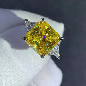 6 Carat Yellow Square Radiant Moissanite Ring Vivid Yellow VVS 4 Claw Three Stone