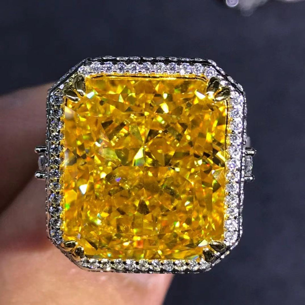 15 Carat Radiant Cut Moissanite Ring Deep Yellow VVS Double Edge Halo Filigree Pave