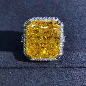 15 Carat Radiant Cut Moissanite Ring Deep Yellow VVS Double Edge Halo Filigree Pave
