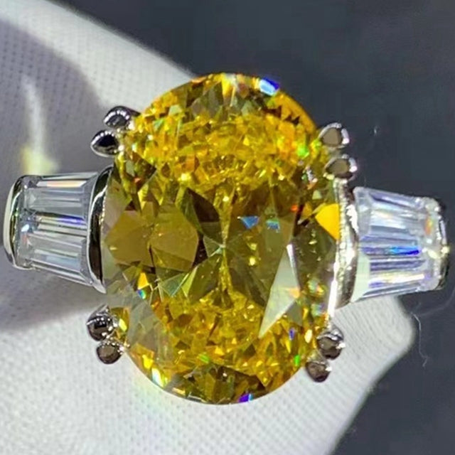 BIG 6 Carat Oval Moissanite Ring Vivid Yellow VVS Double Prongs Basket 3 Stone