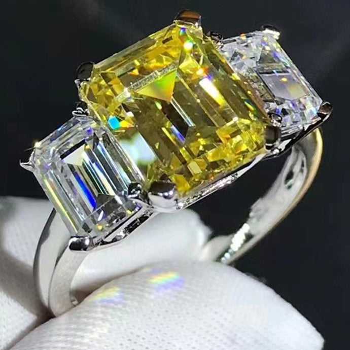 5 Carat Emerald Cut Moissanite Ring Vivid Yellow VVS Three stone Plain Shank