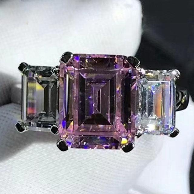 5 Carat Pink Emerald Cut Three stone Plain Shank VVS Moissanite Ring