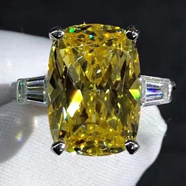 BIG 6 Carat Cushion Cut Moissanite Ring Vivid Yellow VVS Three Stone