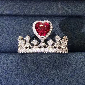 1 Carat Red Heart Cut Halo Bead-set Crown VVS Lab Ruby Ring