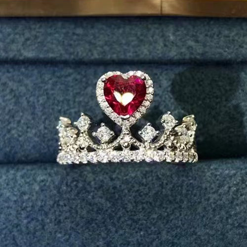 1 Carat Red Heart Cut Halo Bead-set Crown VVS Lab Ruby Ring