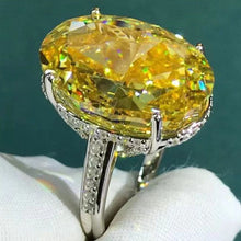 Load image into Gallery viewer, 30 Carat Oval Cut Moissanite Ring Vivid Yellow VVS Cathedral Hidden Halo Bead-set