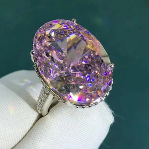 30 Carat Pink Oval Cathedral Subtle Halo Moissanite Ring