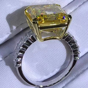 6 Carat Radiant Cut Moissanite Ring Vivid Yellow VVS Two-tone Shared Prong Shank