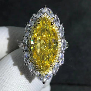 10 Carat Crushed Ice Marquise Moissanite Ring Vivid Yellow VVS Two-tone Double Halo