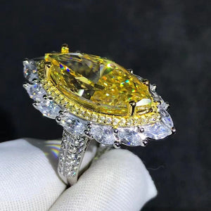 10 Carat Crushed Ice Marquise Moissanite Ring Vivid Yellow VVS Two-tone Double Halo