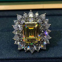 Load image into Gallery viewer, 5 Carat Emerald Cut Moissanite Ring Vivid Yellow VVS Starburst Halo