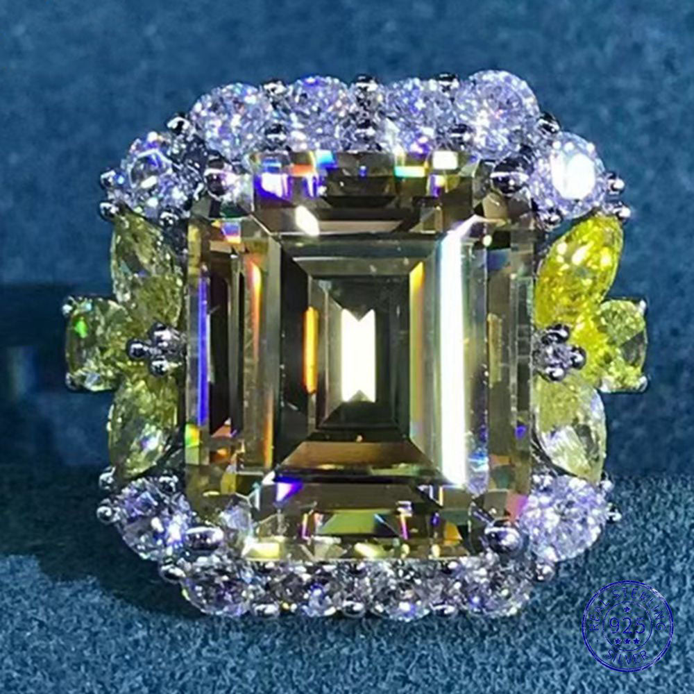 6 Carat Emerald Cut Moissanite Ring Vivid Yellow VVS Halo Plain Shank
