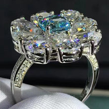 Load image into Gallery viewer, HUGE 6 CTW Blue Radiant &amp; Pear Cut Halo 9 Stone Bead-set Lab Grown Aquamarine Ring