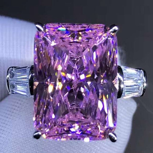 6 Carat Pink Elongated Cushion Cut Three Stone VVS Moissanite Ring