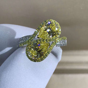 3 Carat Pear Cut Moissanite Ring Vivid Yellow VVS Two Stone Halo Bead-set Two-tone