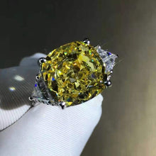 Load image into Gallery viewer, 6 Carat Cushion Cut Moissanite Ring Vivid Yellow VVS Three Stone Cathedral Bead-set