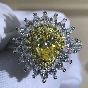1 Carat Pear Cut Moissanite Ring Vivid Yellow VVS Double Halo Starburst Bead-set