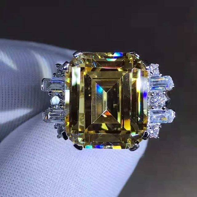 8 Carat Emerald Cut Moissanite Ring Vivid Yellow VVS Double Prong 11 Stone Split Shank