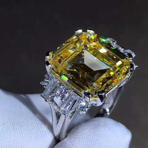 8 Carat Emerald Cut Moissanite Ring Vivid Yellow VVS Double Prong 11 Stone Split Shank