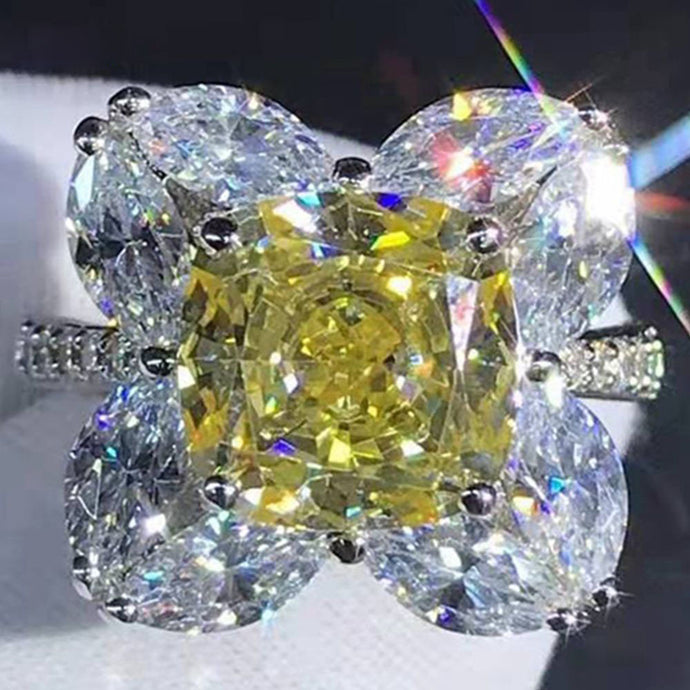 5 Carat Cushion Marquise Moissanite Ring Vivid Yellow VVS 9 Stone Flower Halo Bead-set
