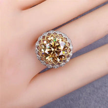 Load image into Gallery viewer, 5 Carat Round Cut Moissanite Ring Two-tone Sunflower Scalloped Halo VVS Vivid Yellow