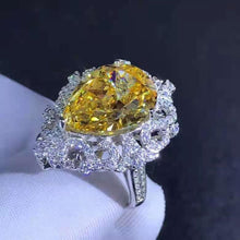 Load image into Gallery viewer, 10 Carat Pear Cut Moissanite Ring Vivid Yellow VVS Filigree Halo Bead-set Cathedral
