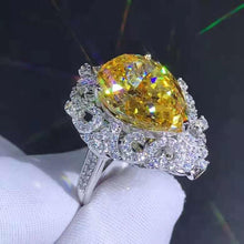 Load image into Gallery viewer, 10 Carat Pear Cut Moissanite Ring Vivid Yellow VVS Filigree Halo Bead-set Cathedral