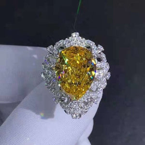 10 Carat Pear Cut Moissanite Ring Vivid Yellow VVS Filigree Halo Bead-set Cathedral