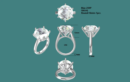 16mm Carat Round Cut D Color Solitaire Moissanite Ring - Custom Order