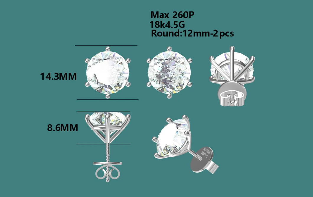 13mm 4-Prong Round Cut Stud D Colorless Moissanite Earrings - Custom Order