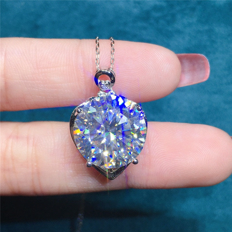 10 Carat D Color Round Cut Solitaire Subtle Heart Halo VVS Moissanite Necklace