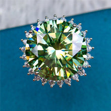 Load image into Gallery viewer, 14 Carat Light Green Round Cut Halo Sunburst Certified VVS Moissanite Ring