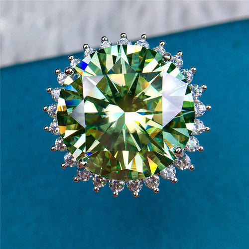 14 Carat Light Green Round Cut Halo Sunburst Certified VVS Moissanite Ring